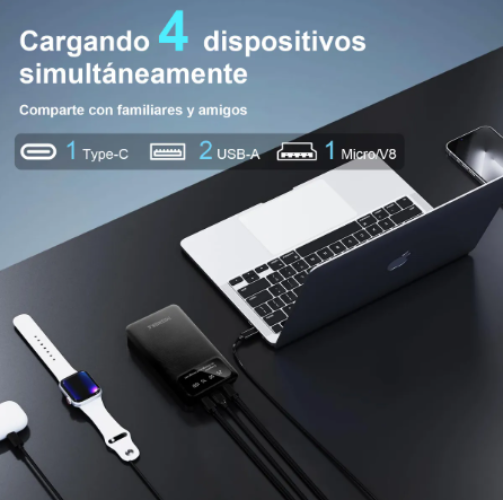 Batería portátil - Power Bank - Carga Rapida - 10000 mAh - 4 Puertos