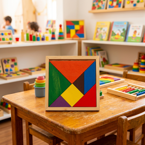 Tangram de madera con 7 pzas de colores 11.5X11.5 cm